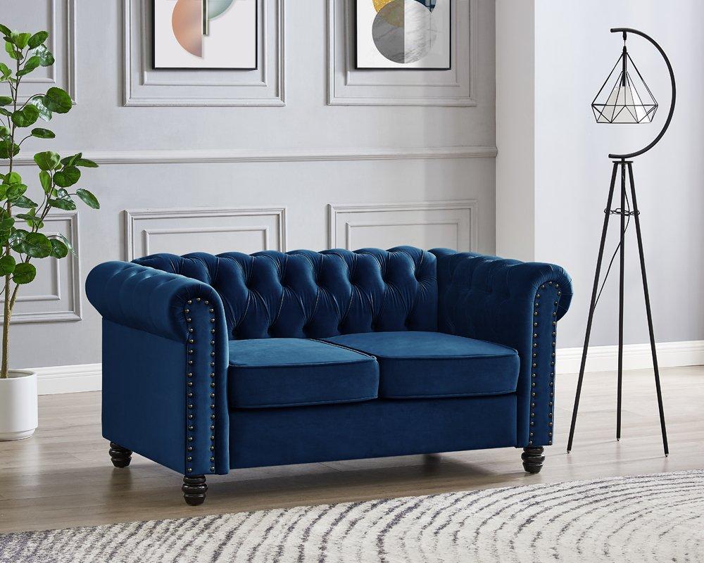 Chesterfield Velvet Fabric 2 Seater Sofa, Blue